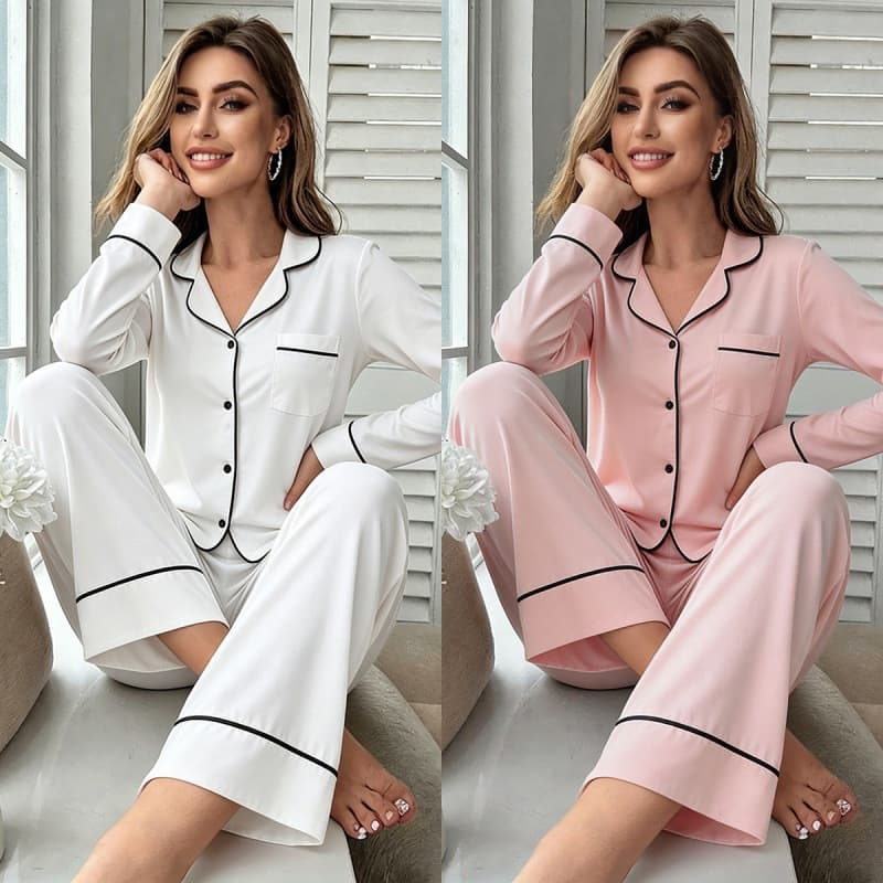 Conjunto De Pijama Modal Feminino , Camisa De Manga Comprida Com Botões E Calças Largas Loungewear De 2 Peças , Roupa De