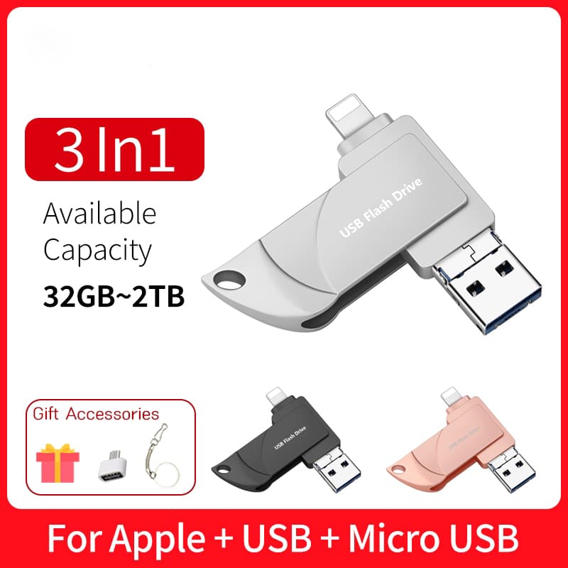 Unidade Flash USB Para Telefone 3 Em 1 , Bastão De Memória OTG De Alta Velocidade De 2 Tb iPhone/PC/Android , Armazename