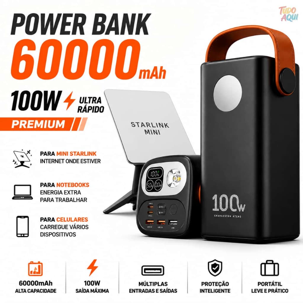 Carregador Portátil Power Bank 60000mAh 100W Ultra Rápido Premium Para Mini Starlink Notebook e Celulares HREBOS PB-999