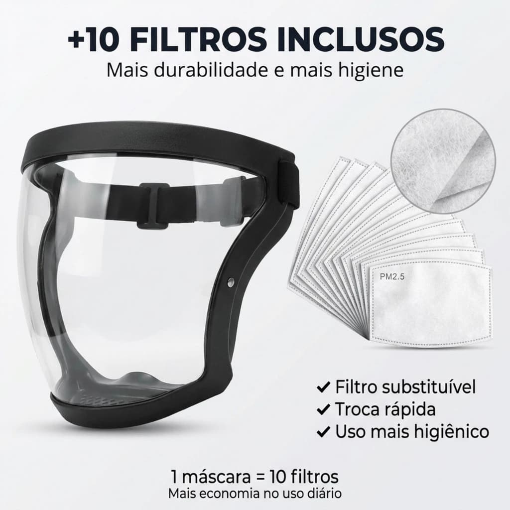 Máscara de Proteção Facial Transparente à Prova de Poeira com 10 Filtros