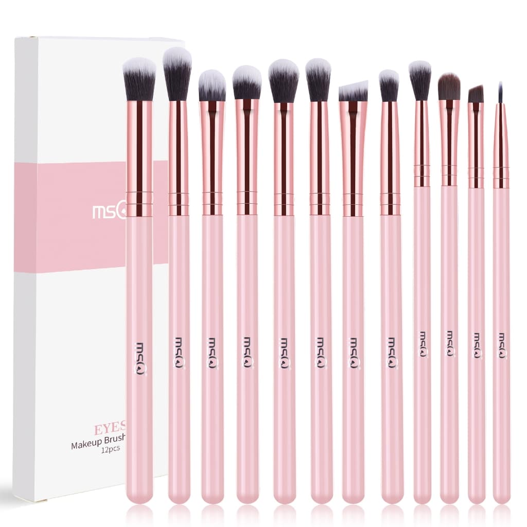 MSQ 12 Peças Kit Completo De Escova De Olho Premium Sintético Macio Cabelo Rosa Ouro Virola Sombra Liquidificador Sobran
