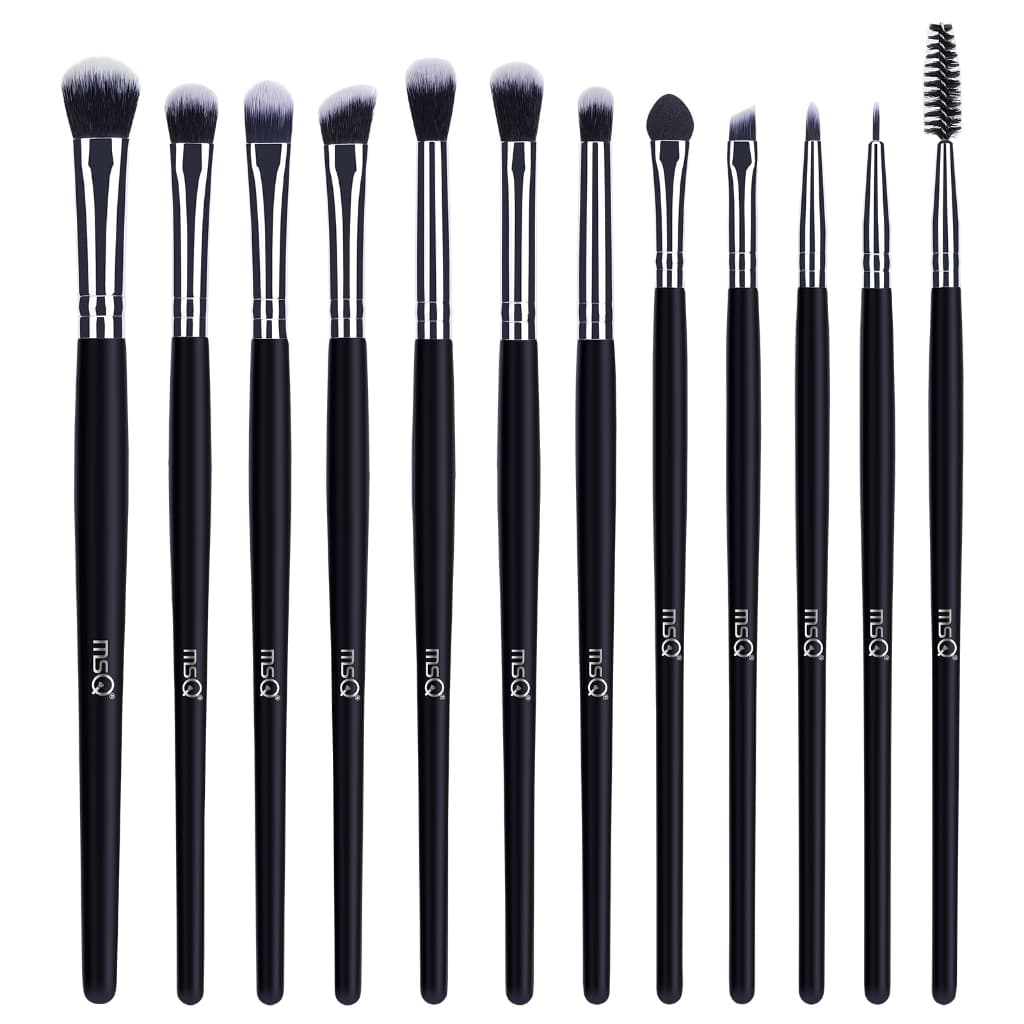 MSQ 12 Unidades De Pincéis De Maquiagem Para Olhos Pretos Com Cabo Longo Conjunto Vegano Sombra , Sobrancelha , Delinead