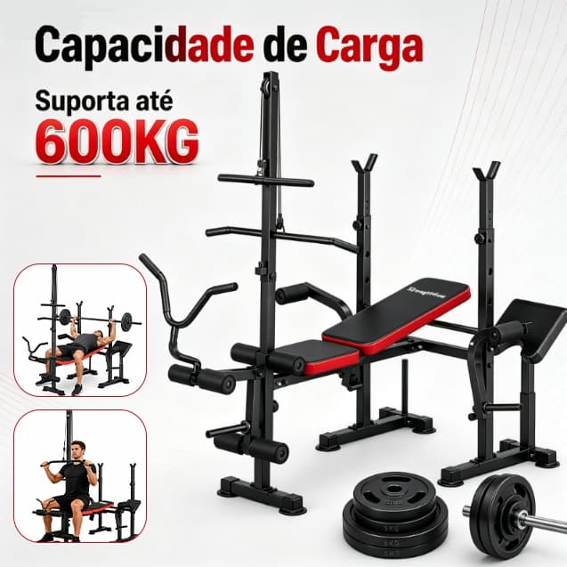 Estação de Musculação Multifuncional com Banco de Supino Ajustável - StrengthFlow