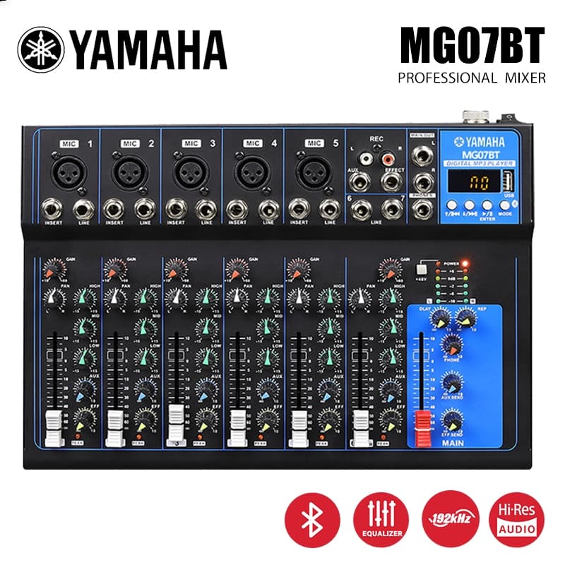 YAMAHA MG07BT MIXER Professional MIXER, estação de mixagem de 7 canais, múltiplos efeitos integrados, 48V Phantom Power,