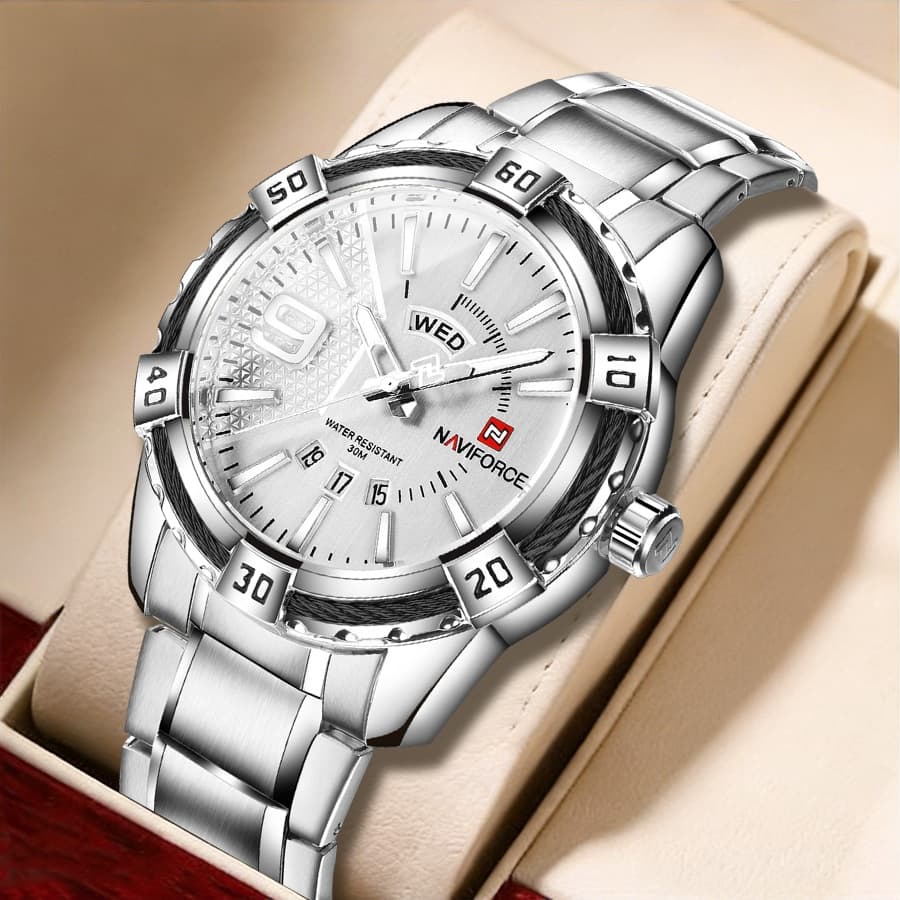 NAVIFORCE 9117S Homens Esportes Relógio De Quartzo Pulseira De Aço Inoxidável Dia Data Display 3ATM À Prova D'água Negóc