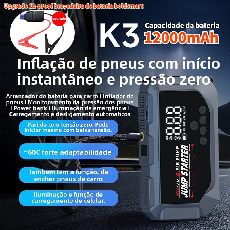 Compressor De Ar Recarregável Digital Portátil K3 12000mAh Pneu Inflável Carro Moto Bicicleta USB LED , Fonte De Aliment