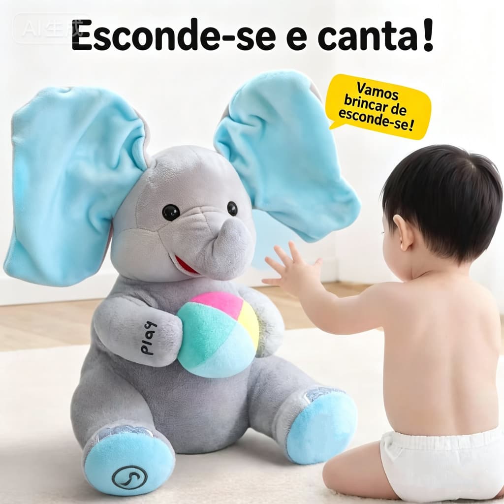 Elefante de Pelúcia Musical Interativo Peek-a-Boo Canta e Mexe as Orelhas Macio para Bebês