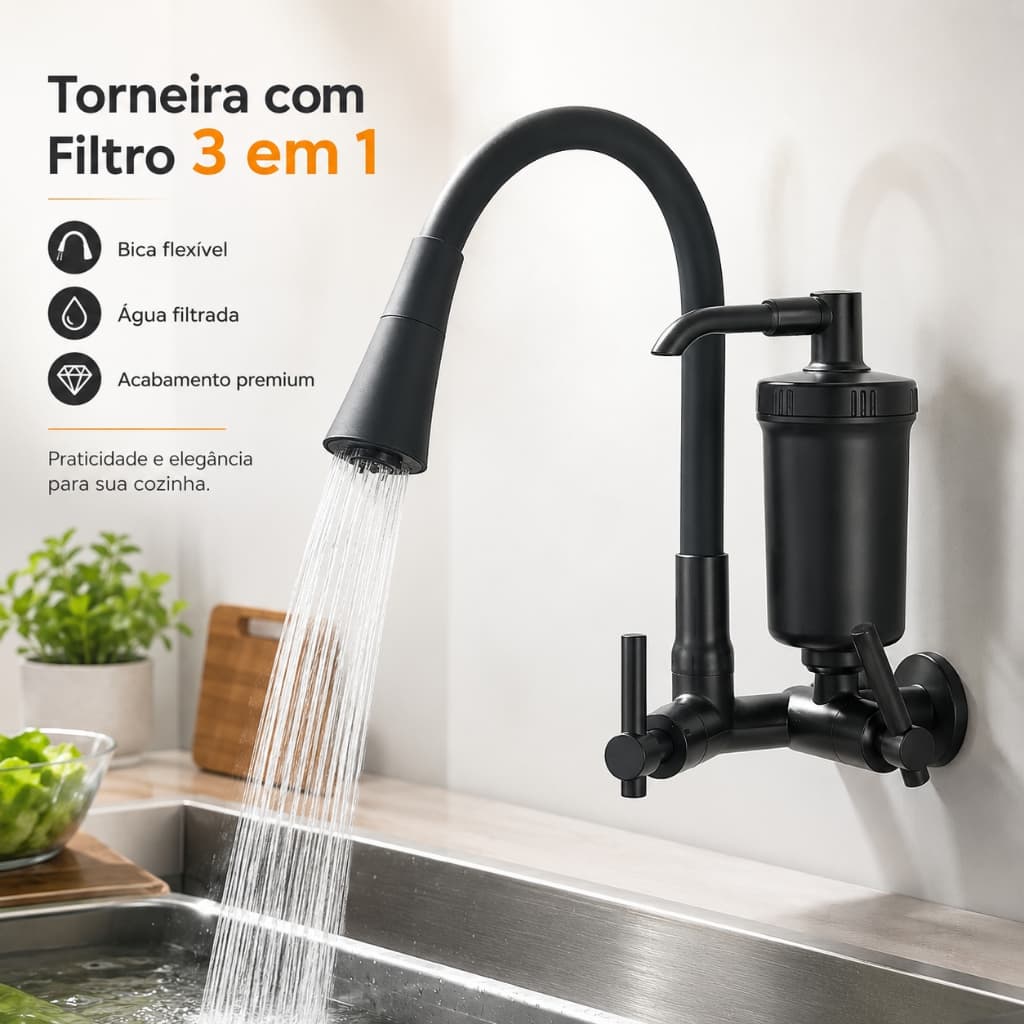 Torneira Preta Com Filtro Para Cozinha Torneira Flexivel de Parede CozinhaTorneira Gourmet Parede Filtro