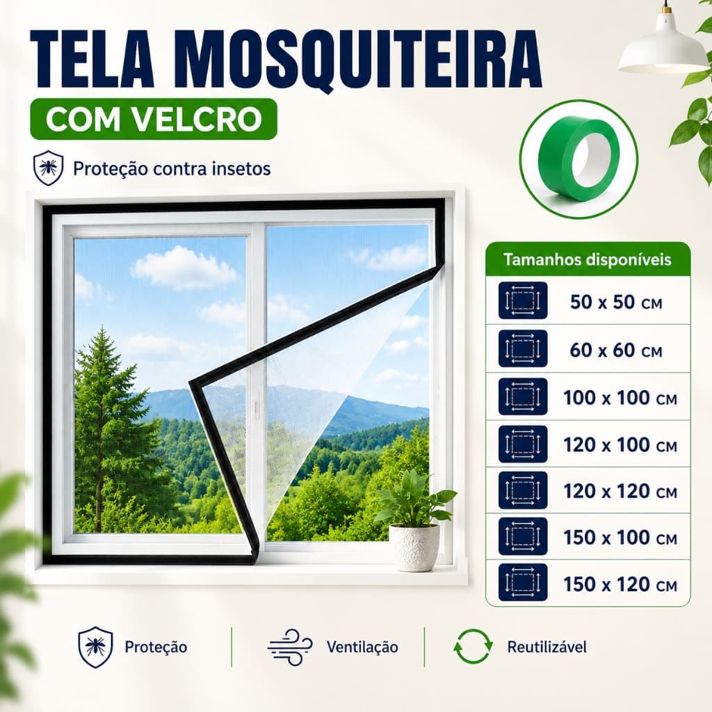 Tela mosquiteiro lavável em fibra de vidro, velcro adesivo, fácil de instalar para porta e janela