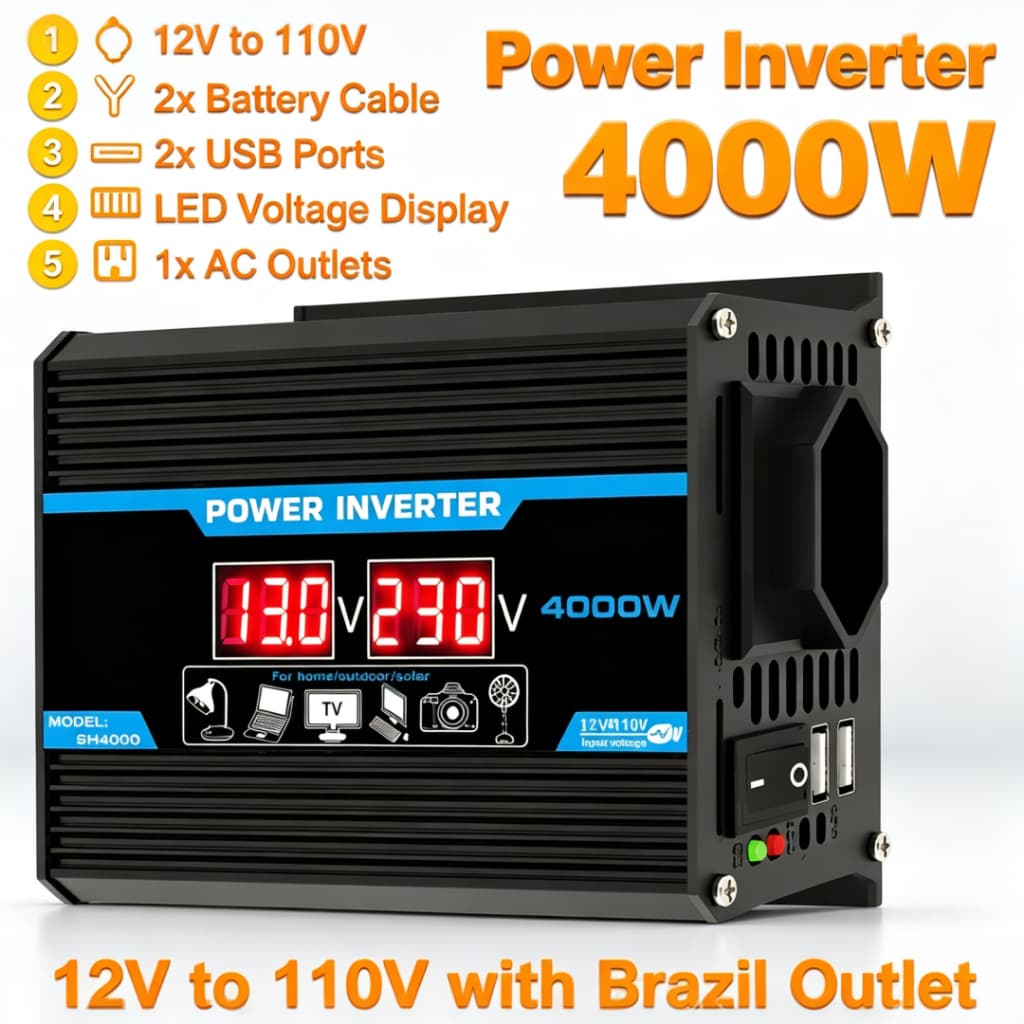 Inversor Com Display Led 12v-110v 4000W Para Uso Em Veículos e Residências