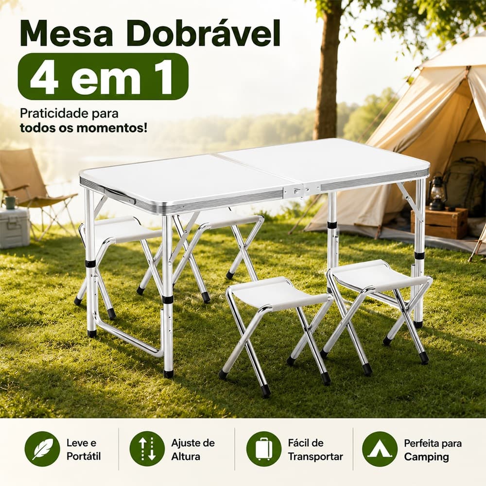 Kit Mesa Dobrável Portátil Que Vira Maleta Alúminio 120x60cm com 4 Banquinhos Dobráveis Brancos