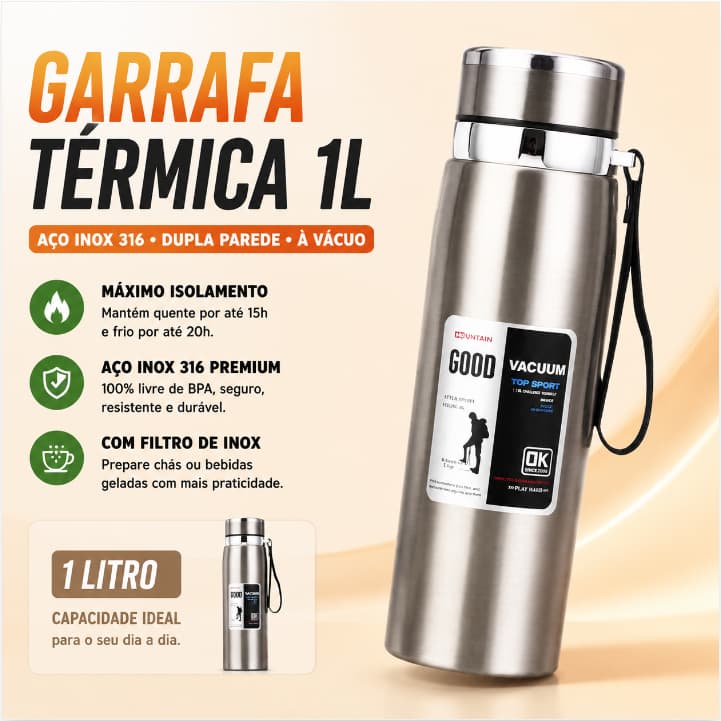Garrafa Térmica Inox 316 Parede Dupla 1000ml Com Infusor Água Café Alça