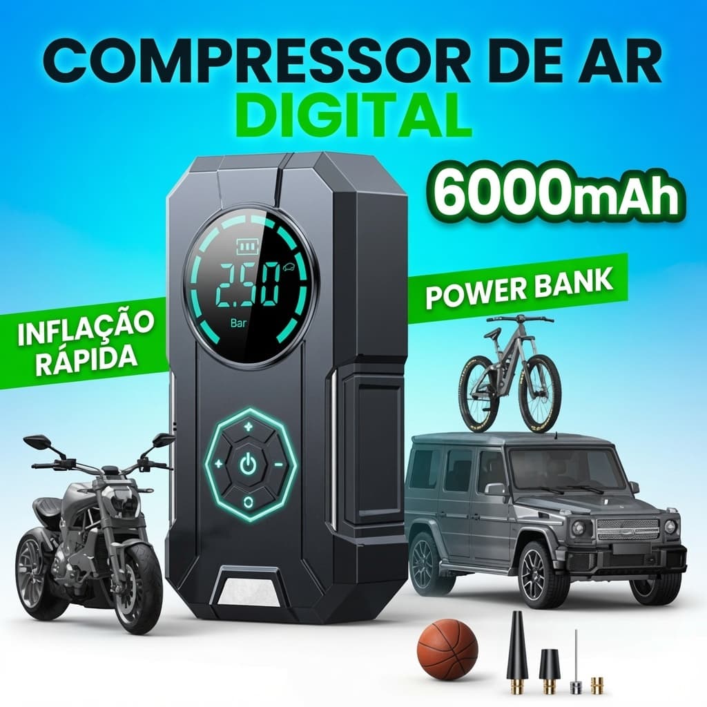 Mini Compressor de Ar Digital Portátil - USB Recarregável - Calibrador de Pneu Profissional