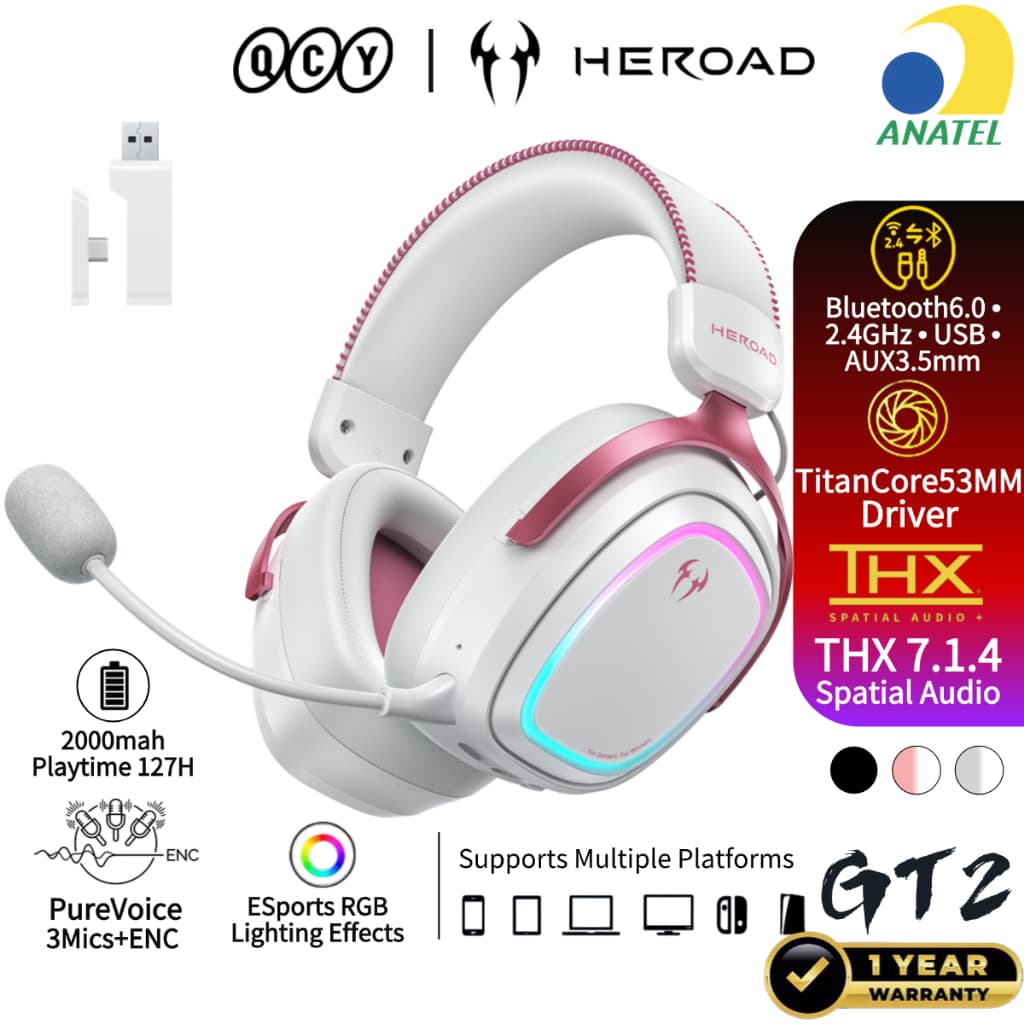 Headset Gamer Sem Fio QCY HEROAD GT2 Bluetooth 6.0 2.4GHz RGB THX 7.1 127H Bateria ENC Microfone PC PS5 Interrupt