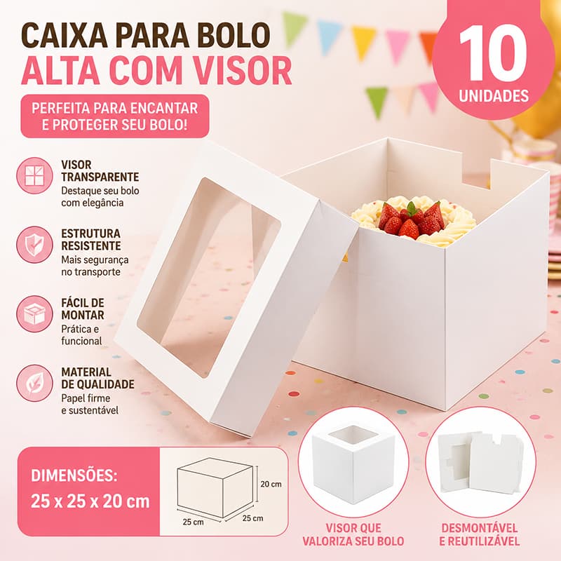 10 caixas 25x25x20 para bolo alto papelão branco com visor