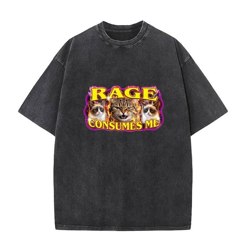 Engraçado Gato Meme Raiva Consome-Me Edgy Gráficos Camisetas Das Mulheres Dos Homens Lavado Moda Vintage Camiseta Verão