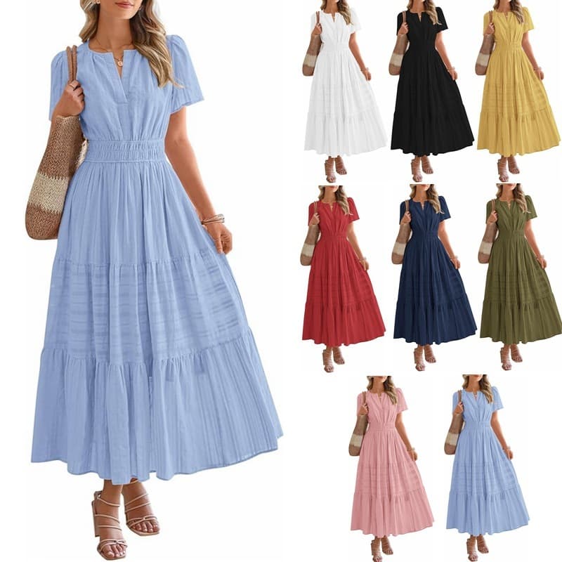 2026 Roupas femininas de venda quente com decote em V plissado mangas bufantes grande balanço manga curta