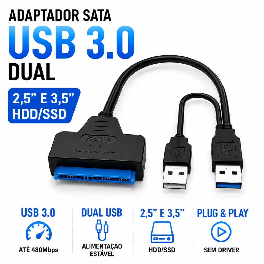 Cabo Conversor Adaptador Usb 3.0 Sata Dual + usb 2,0 12v 2a Hd