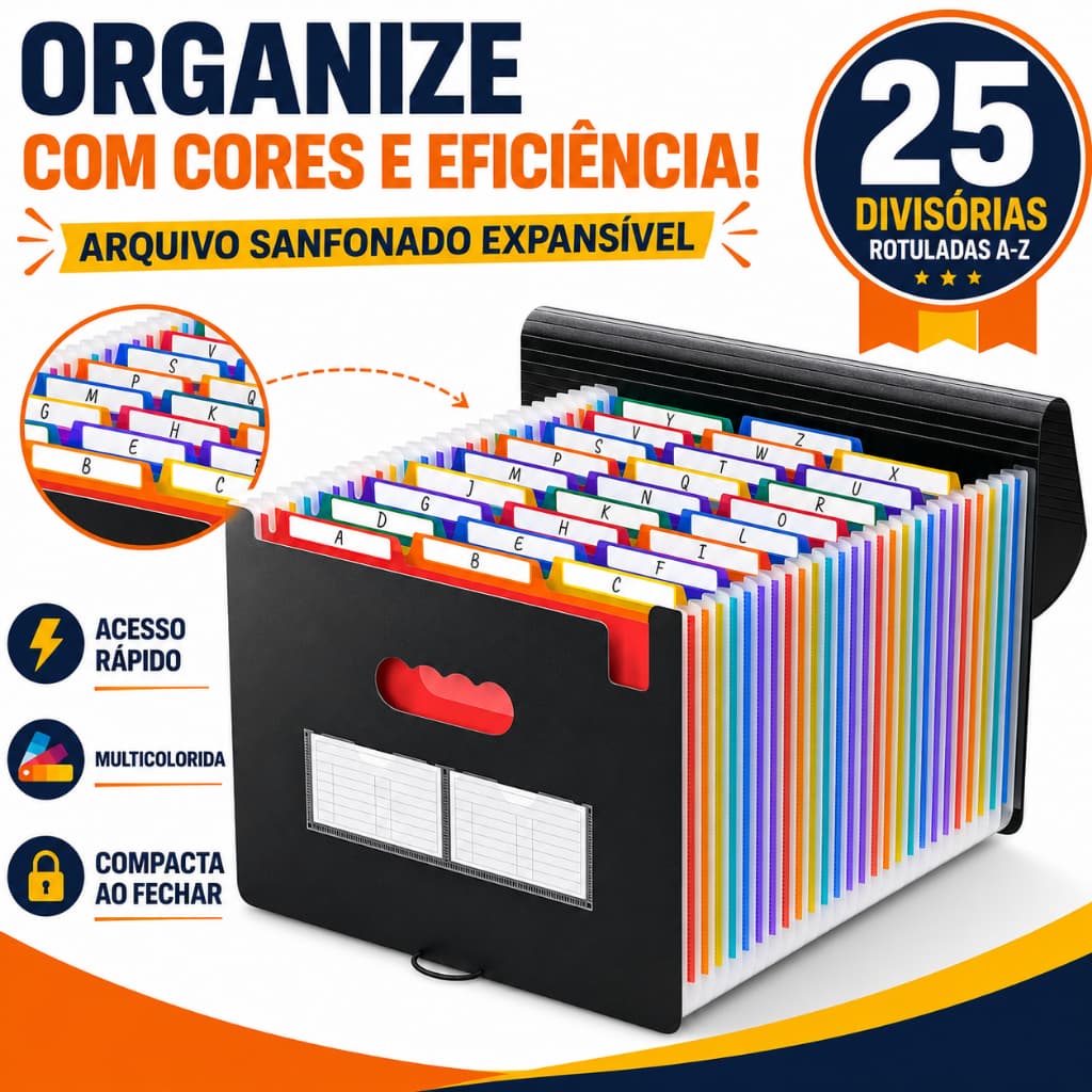 Pasta Arquivo Organizadora Expansível Divisórias Documentos 25 divisorias