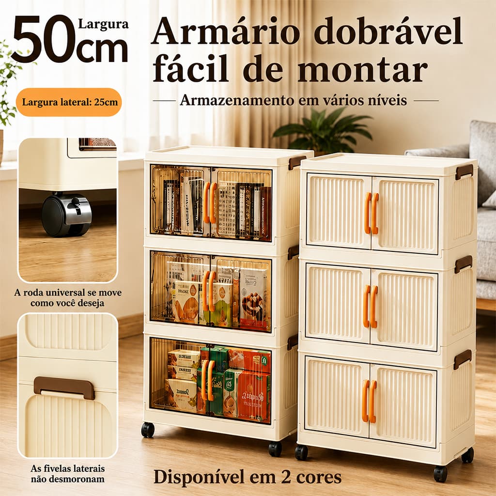 Armário Caixa Organizadora Dobrável Empilhável Com Rodas E Portas Magnéticas Resistente Multiuso 50cm 3 Andares