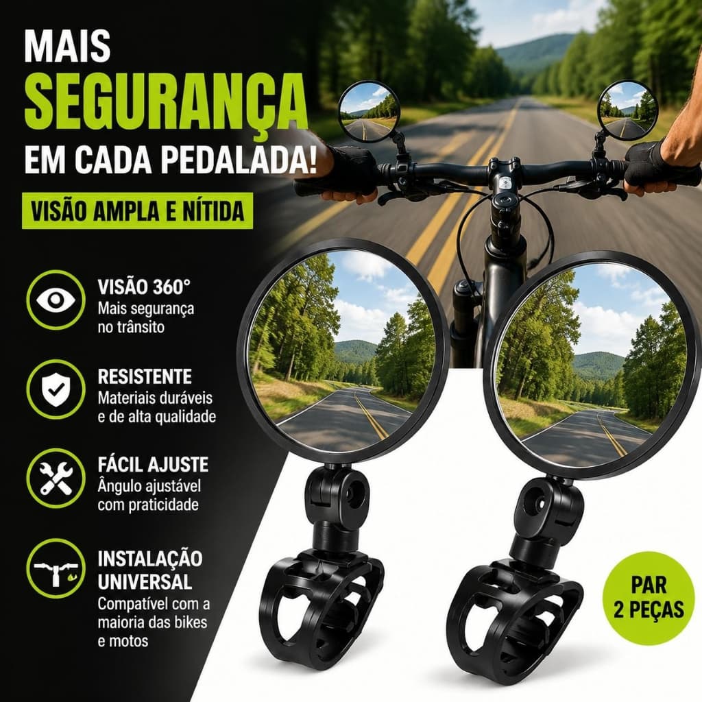 Kit 2 Espelhos Retrovisores de Guidão Acessórios de Bicicleta Grande Angular Rotação de 360 ​​Graus