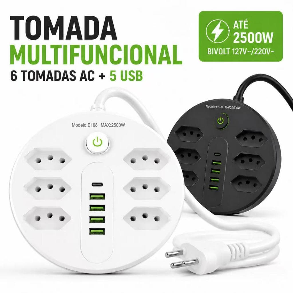 Extensão Tomadas com USB e TypeC Universal Bivolt 110v/220v 2500W Power 2m Filtro De Linha Segurança LOJA