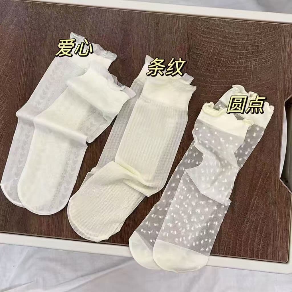 Meias de seda gelo renda leite branco verão estilo fino pilha meias fungo borda primavera verão meias femininas meias de
