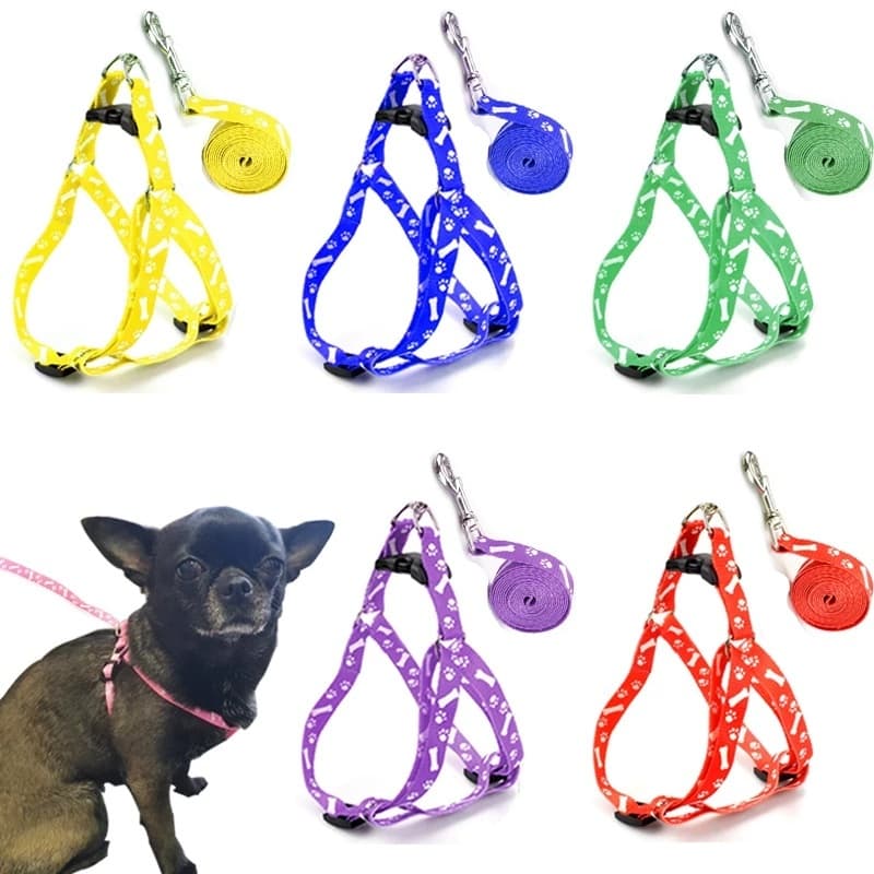 Cão De Estimação Osso Impressão Arnês E Trela Conjunto Verão Chihuahua Moda Para Pequeno Ajustável Andando Filhote De Ca