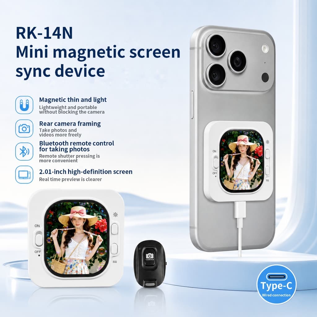 Mini Monitor Magnético Com Fio Tela Da Câmera Traseira Obturador Remoto Bluetooth Para Telefone