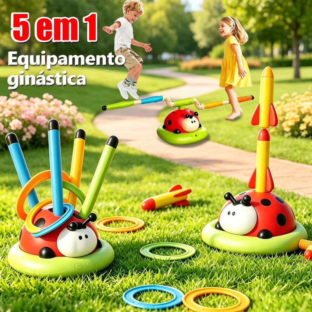 5em1 Máquina de Exercícios Infantil Joaninha-Desenvolve Coordenação com Jogos Multifuncionais,Pular corda,lançar foguete