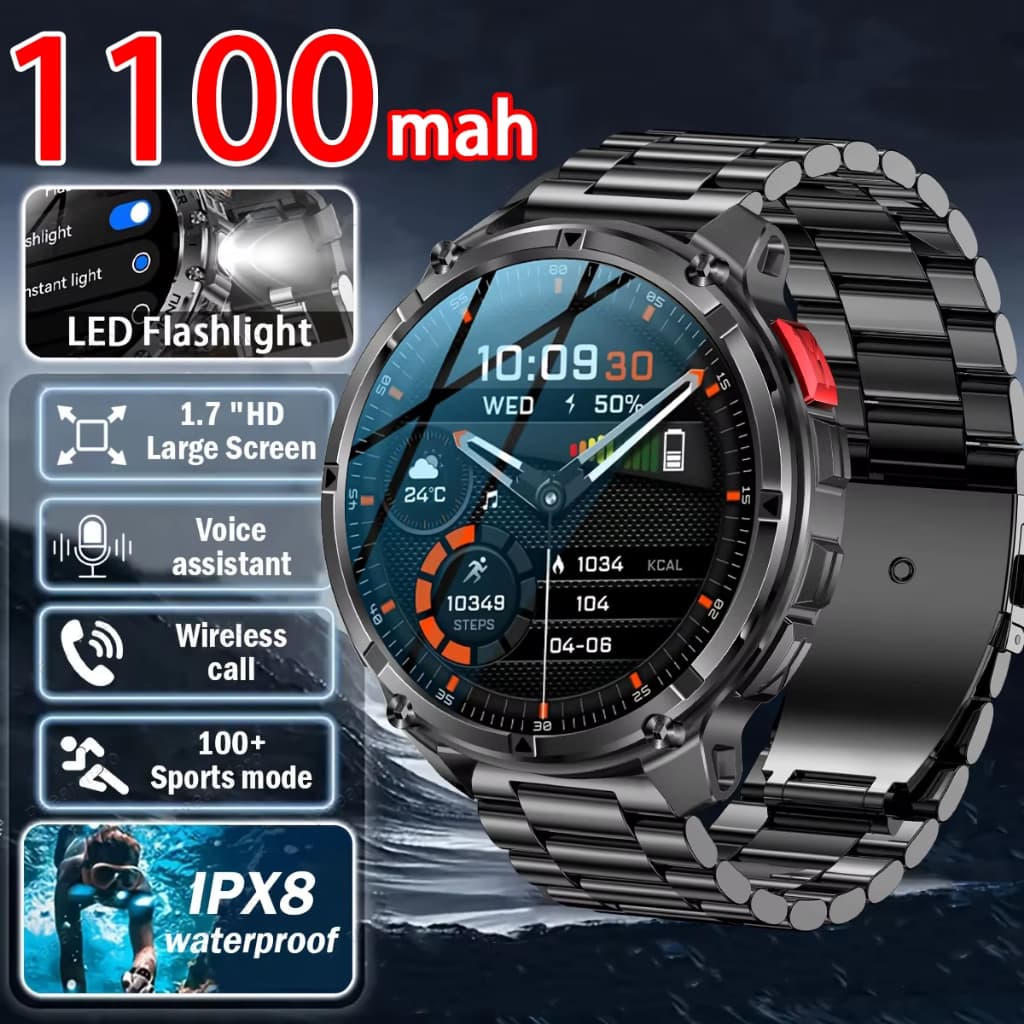 Relógio Inteligente Masculino 1.7 Polegadas Lanterna LED HT33 BT Chamando Esportes Ao Ar Livre Bússola Monitoramento De