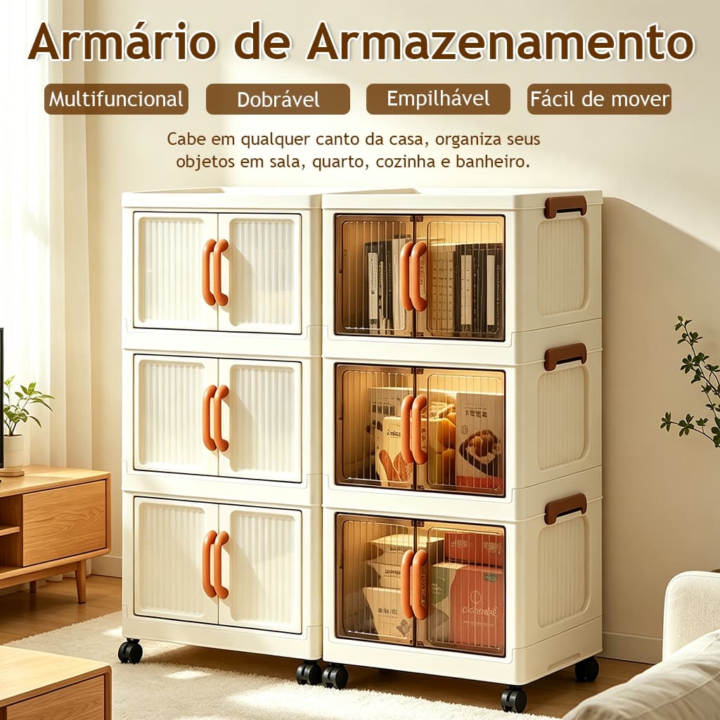Caixa Organizadora Transparente Armario Armazenamento Dobrável Empilhavel com Porta Rodinhas 3 Porta