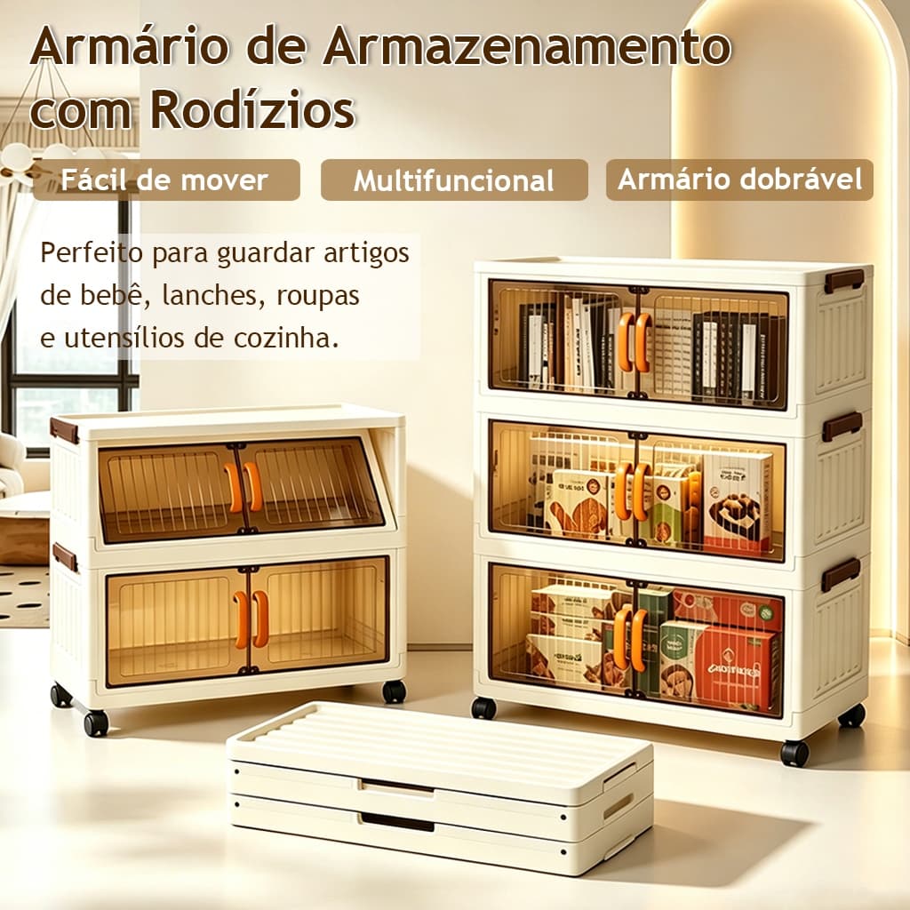 Armário Organizador Dobrável Empilhável Com Rodinhas Caixa De Armazenamento Transparente 3 Camadas