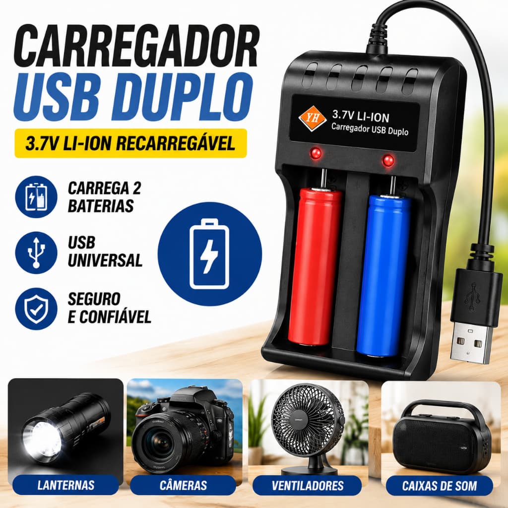Carregador USB Duplo Bateria Recarregável Li-ion 3.7V 18650 26650 14500 para Lanterna e câmera