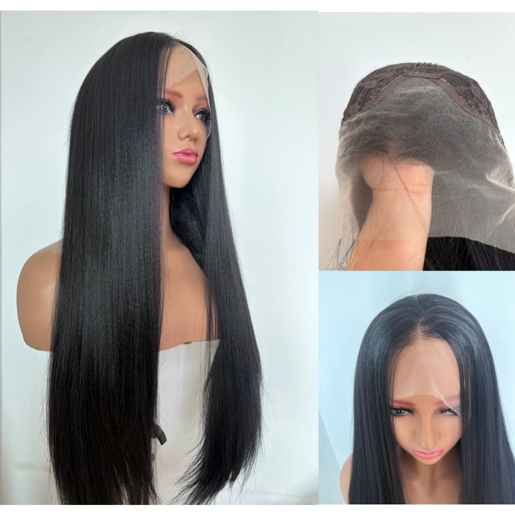 Artigo decorativo Peruca Completa Reta Micro Frisada Frontal De Renda , Cabelo Sintético Volumoso Natural 60cm ~ 100cm