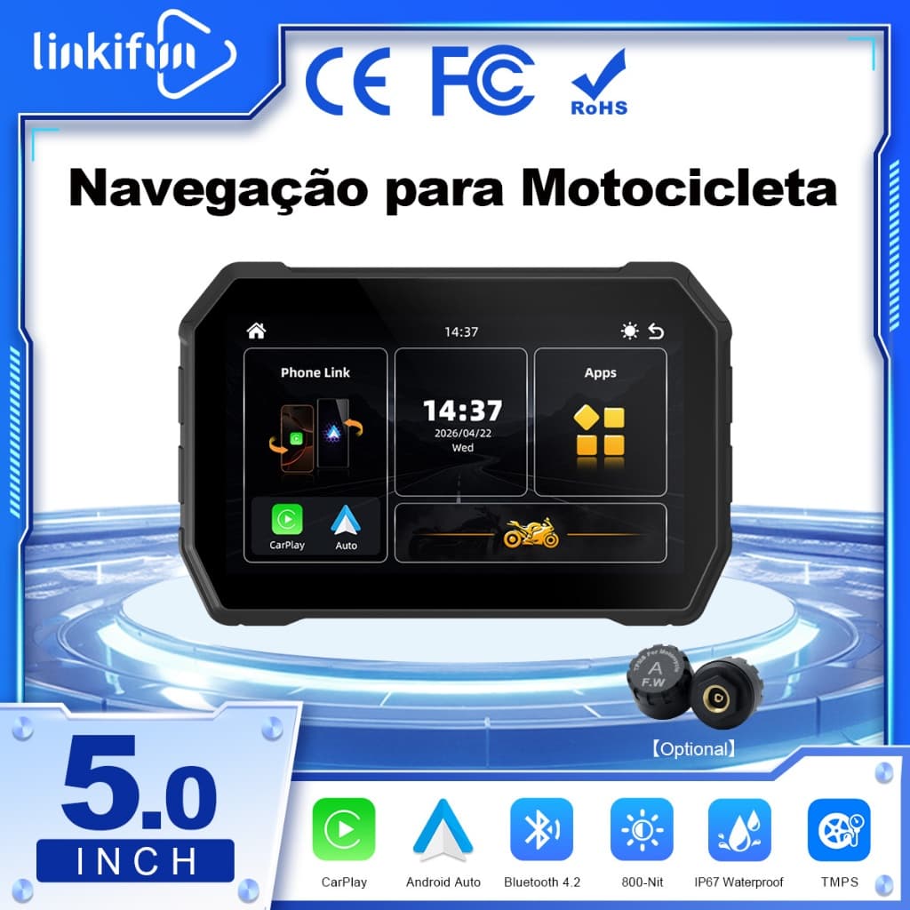 Linkifun MT2C Tela CarPlay Para Motocicleta De 5 Polegadas , Apple Sem Fio E Android Auto , Modo Retrato Paisagem , Blue