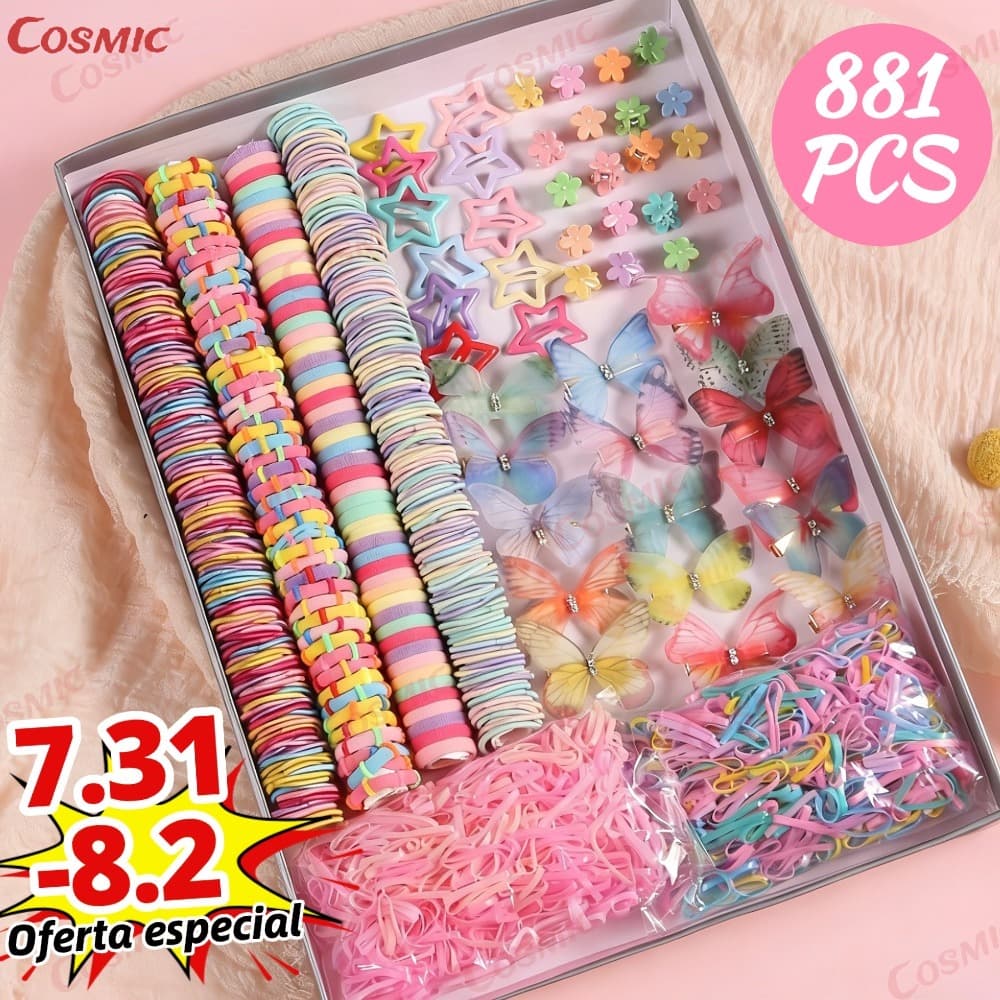 Kit de Acessórios para Cabelo Infantil 881 Peças |Elastas+Presilha de cabelo de borboleta,Presente, Spree, Conjunto