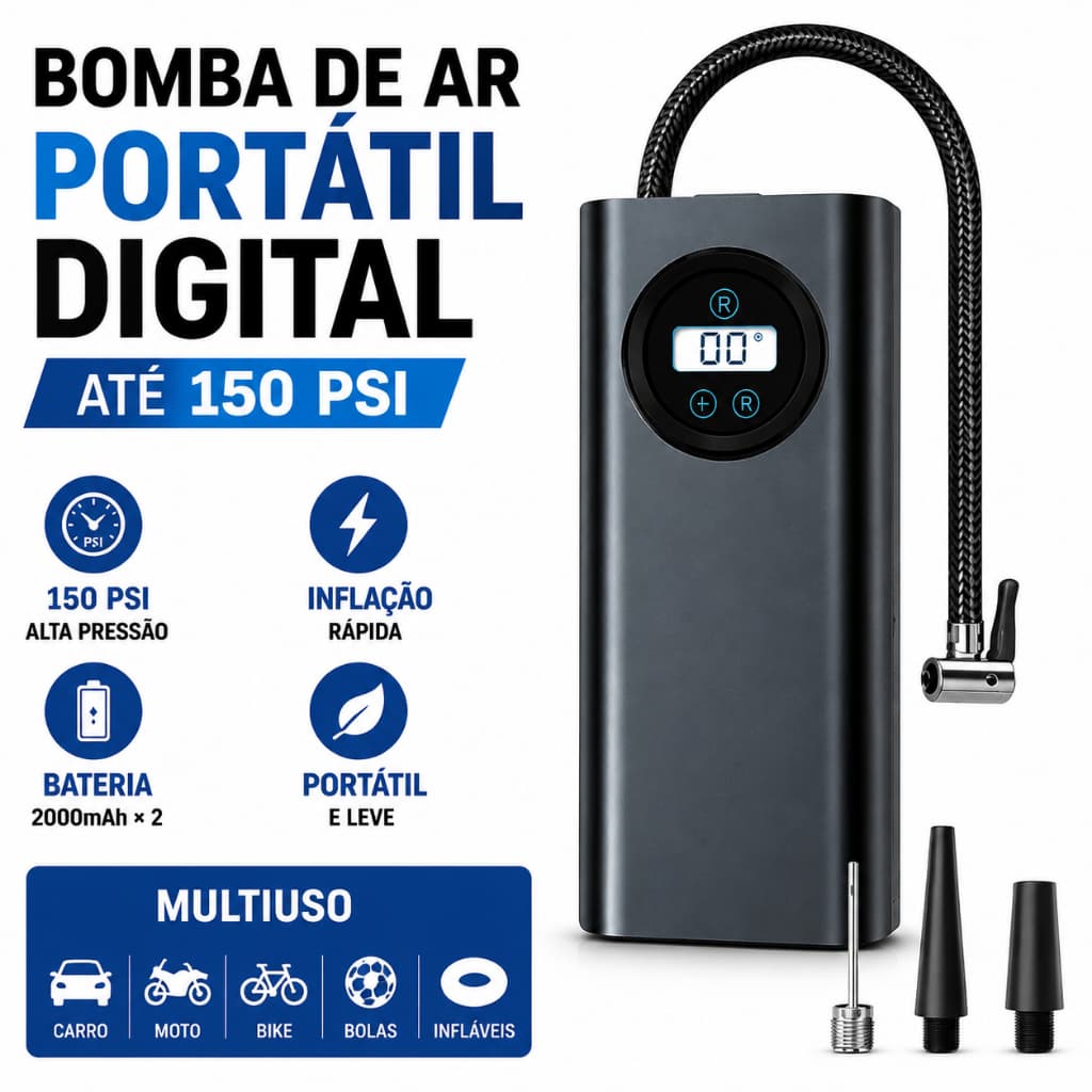 Bomba de Encher Pneu Portátil Digital Calibrador Compressor Carro Moto Bike Bola Piscina Inflável - Oferta