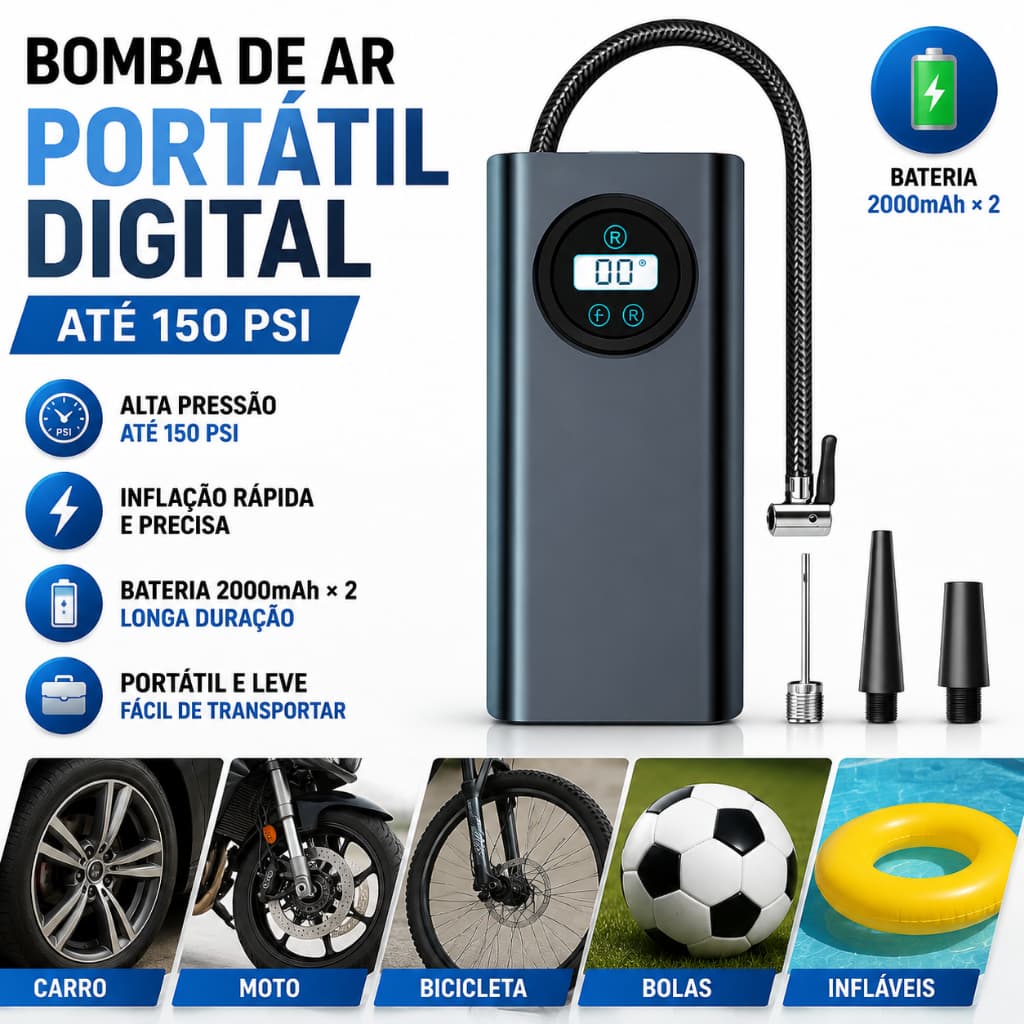 Compressor de Ar Portátil Digital Bomba Encher Pneu Inflador para Carro Moto Bicicleta Bola Piscina