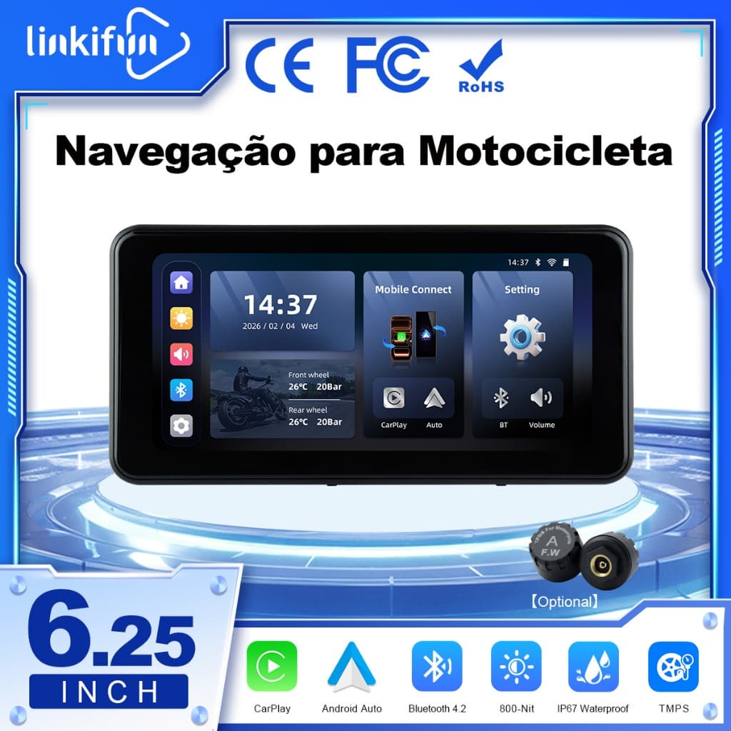 Linkifun MT17C Tela CarPlay Para Motocicleta De 6.25 Polegadas , Apple Sem Fio E Android Auto , Alto-Falante Integrado ,