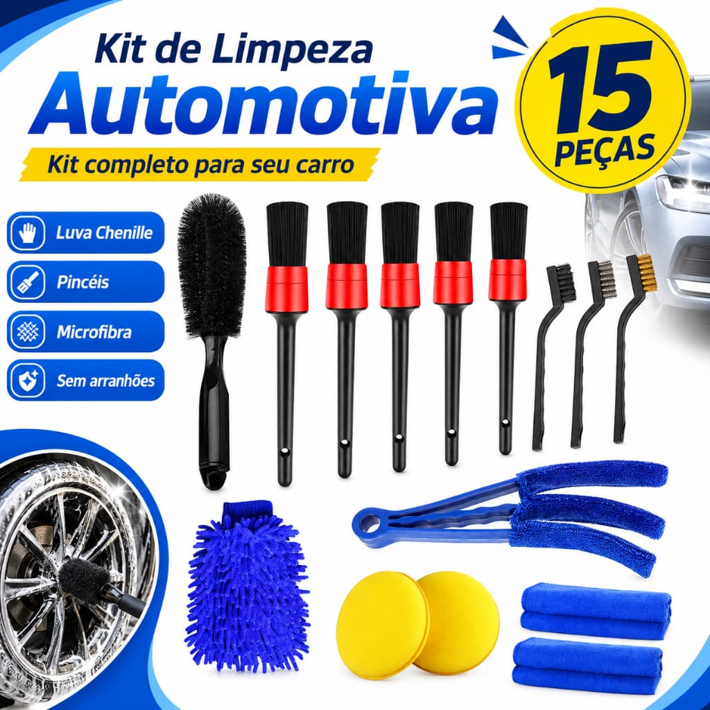 Kit 15 Peças Lavagem Automotiva Escovas+Luva Microfibra+Aplicador de Cera+Completo para Limpeza e Estética Automotiva
