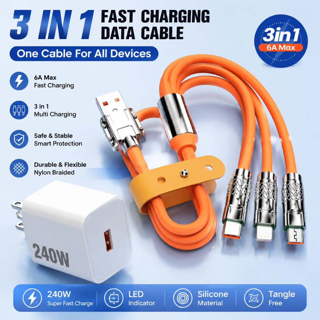 Cabo de dados de Silicone líquido três em um 6A de carga rápida + carregador tipo C V8 iOS Interface adequada para iPhon