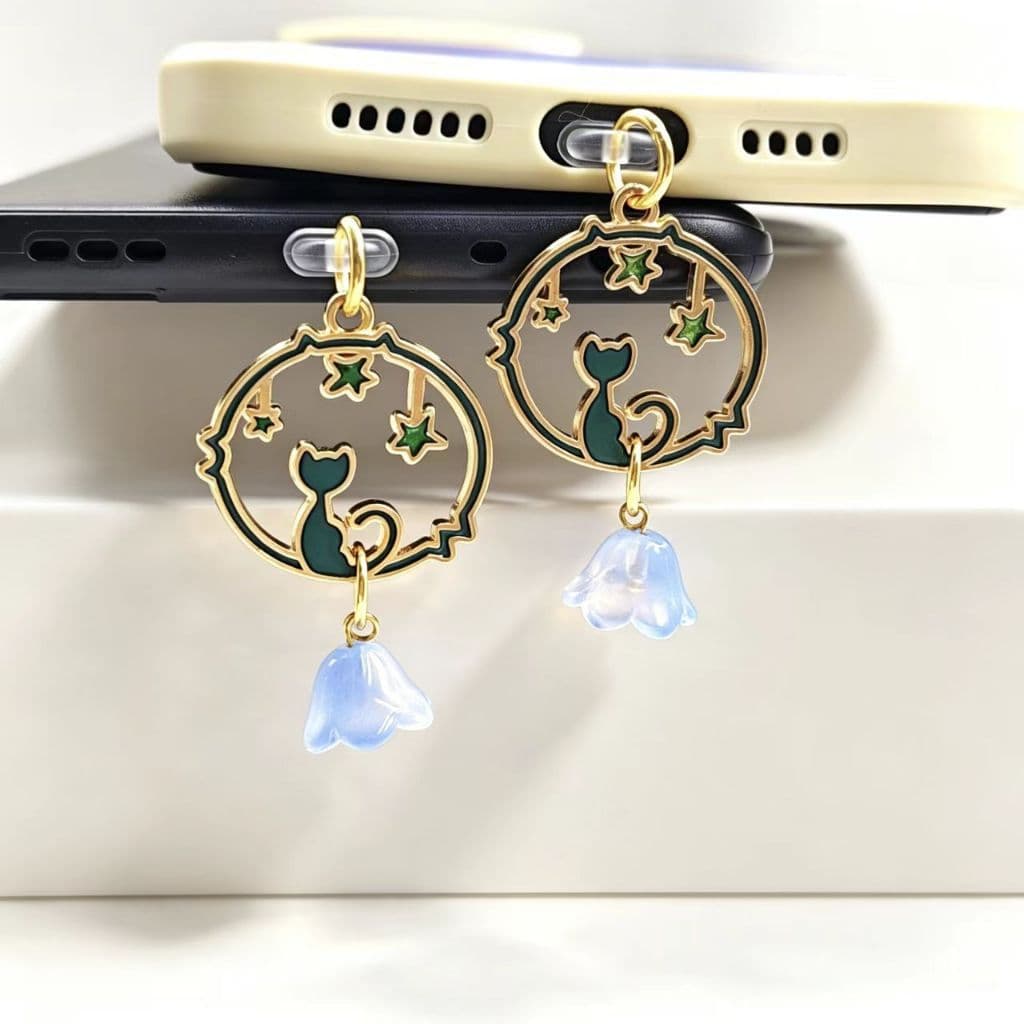 Telefone móvel Anti-poeira caindo porta de carregamento plugue protetor diy céu estrelado gato vento carrilhão flor ping
