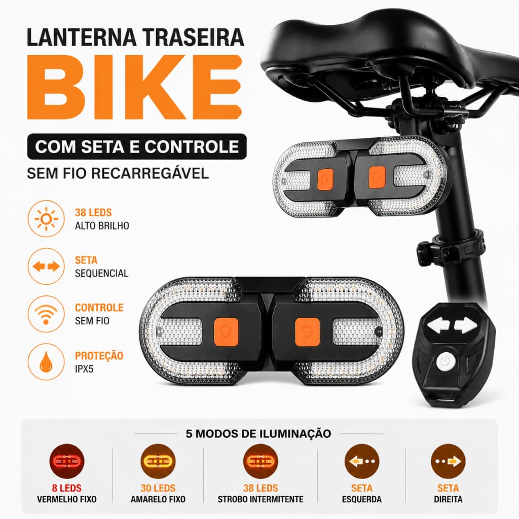 Lanterna Traseira Bike Eletrica com Seta Recarregável e Controle Sem fio USB 38 Leds