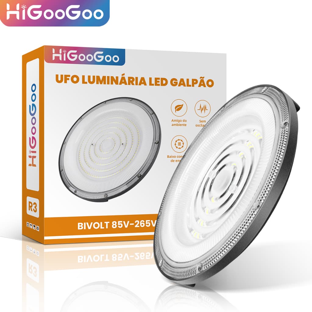 HiGooGoo Luminária Led Ufo Industrial Highbay Ip65 Galpão Bivolt 6500k Frio 200W/300W 85-256V