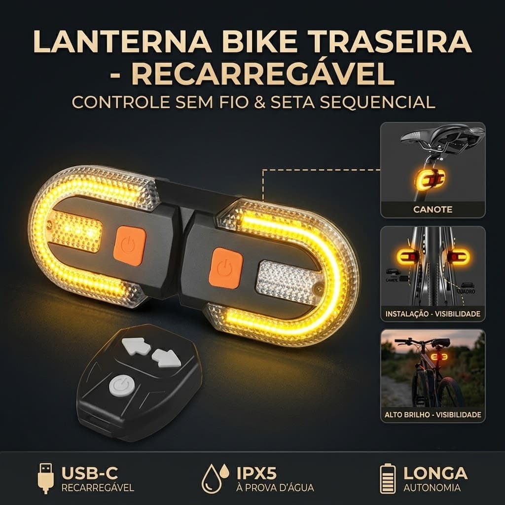Lanterna Traseira para Bicicleta com Seta e Controle Sem Fio | Luz Bike Recarregável USB 38 LEDs