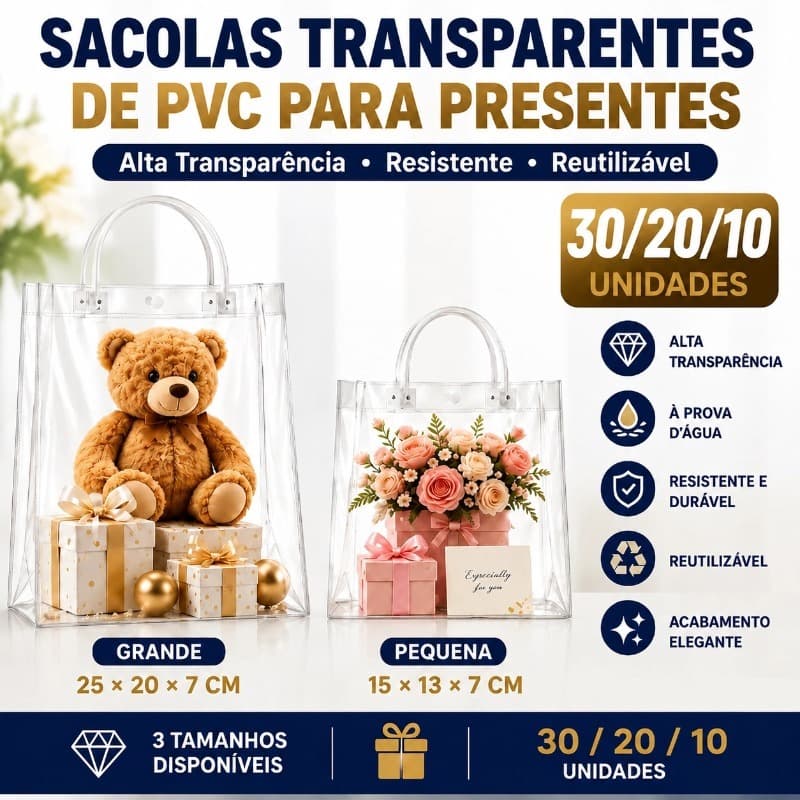 Kit 30 Sacola Transparente para Presentes Reutilizável PVC Lembrancinhas - 25x20x7cm/20x10x10cm/15x13x7cm