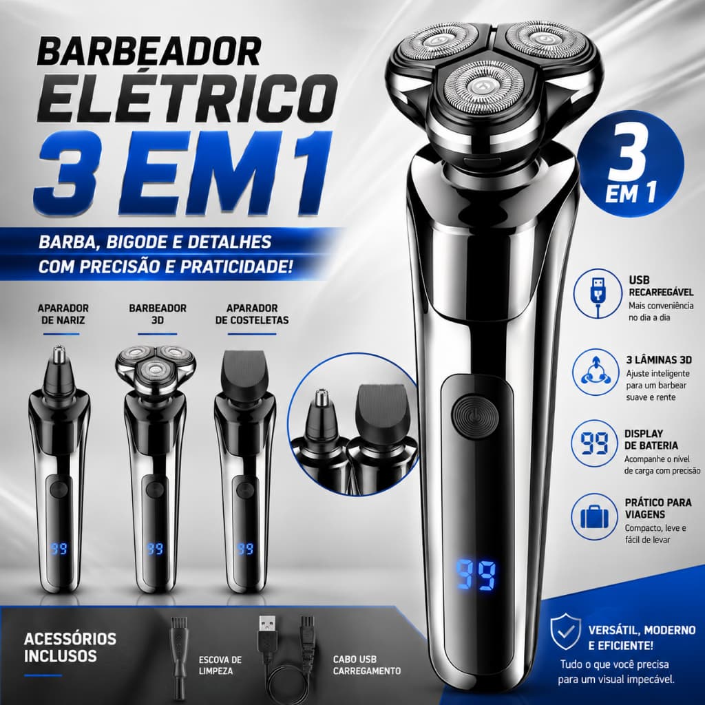Barbeador elétrico masculino recarregável com 3 lâminas