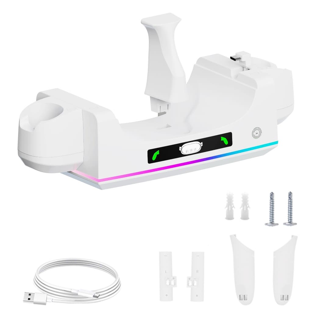 Base De Carregamento 4 Em 1 Com RGB Para Meta Quest 3/3S , Carregador De Contato Montagem Parede Óculos VR E Controles ,