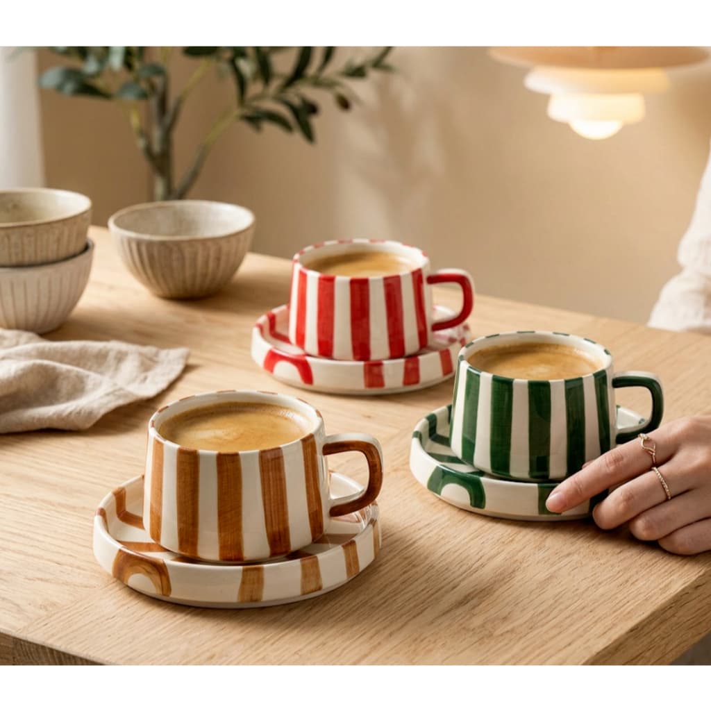 Conjunto Xícara e Pires 1pc, cerâmica listrada artesanal, copo para café e bebidas quentes